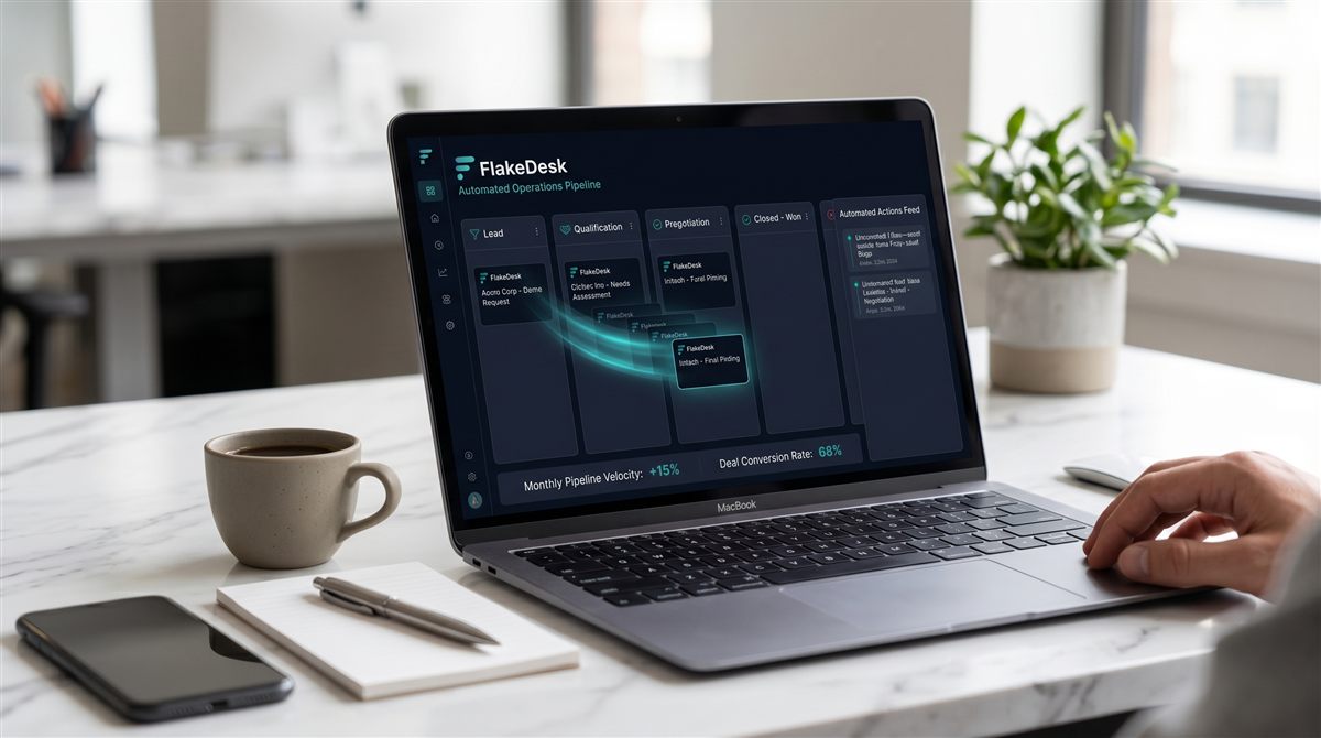 Serviço CRM FlakeDesk: notebook exibindo o funil de atendimento do CRM FlakeDesk