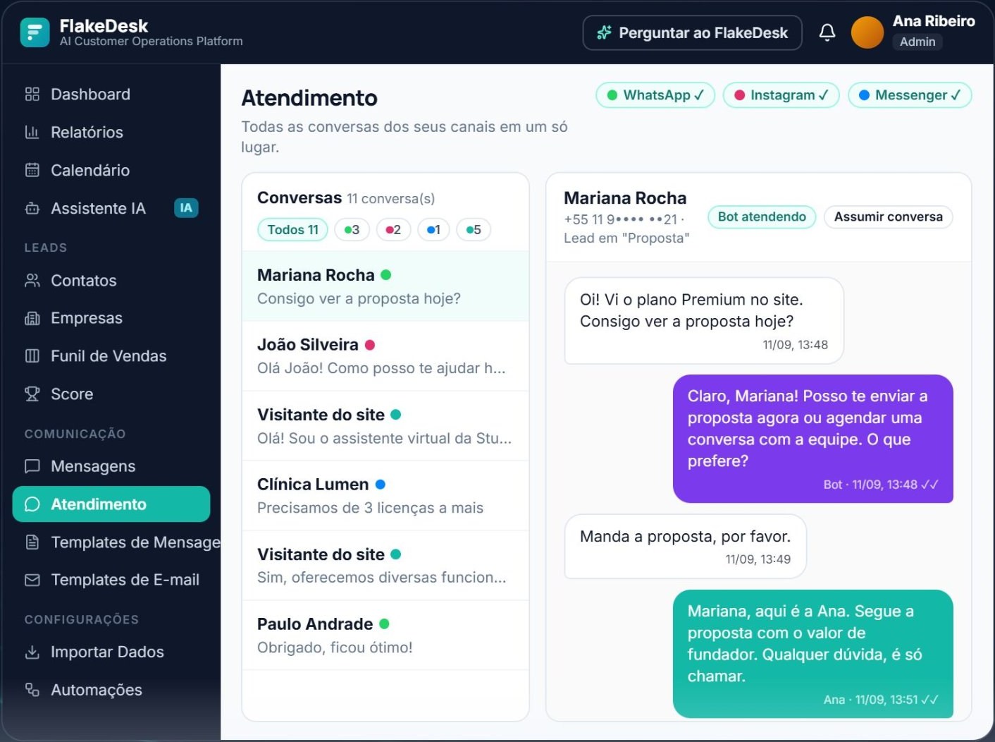 Painel de atendimento do CRM FlakeDesk: menu lateral com Dashboard, Funil de Vendas, Assistente IA e Automações; lista de conversas com etiquetas de WhatsApp, Instagram e Messenger; e uma conversa em que o bot está atendendo, com o botão Assumir conversa.