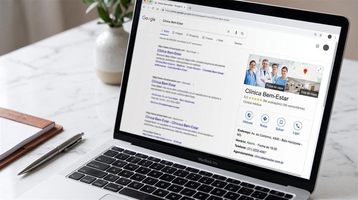 Serviço de Perfil da Empresa no Google: perfil de uma clínica na busca do Google, com avaliações e endereço